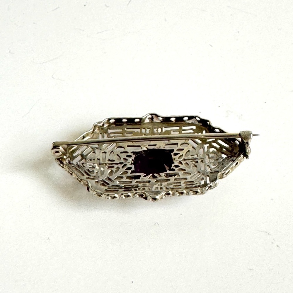 Art Deco 10K White Gold Brooch Filigree‎ Amethyst Pin Ornate Victorian Vintage - Picture 6 of 12